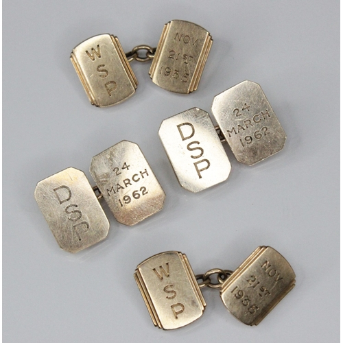 108 - A pair of 9ct gold cufflinks, each rectangular link with canted corners, engraved '24 March 1962' an... 