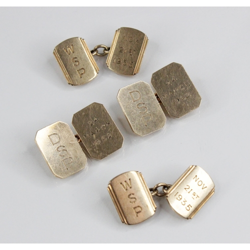 108 - A pair of 9ct gold cufflinks, each rectangular link with canted corners, engraved '24 March 1962' an... 