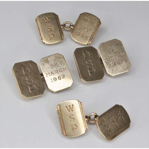 108 - A pair of 9ct gold cufflinks, each rectangular link with canted corners, engraved '24 March 1962' an... 