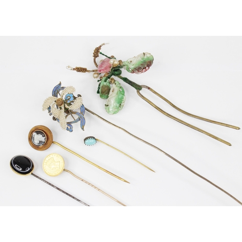 115 - A selection of stick pins and accessories, to include a carved hardstone cameo stick pin, depicting ... 