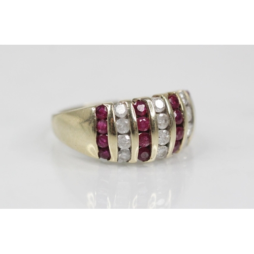 124 - A ruby and diamond 9ct gold bombe ring, the head designed as alternating rows of brilliant cut diamo... 