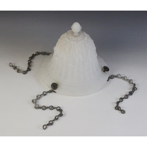 605 - An Edwardian milk glass ceiling light, the pendant bowl of campana urn form with half reeded body an... 