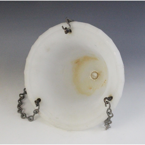 605 - An Edwardian milk glass ceiling light, the pendant bowl of campana urn form with half reeded body an... 