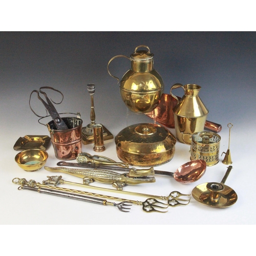 615 - A collection of 19th century and later brass and copper wears, to include; a pair of unusual brass n... 