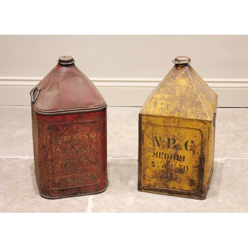 636 - A vintage red Kenneth Thelwall five gallon pyramid top oil can, along with a yellow NPC Medium five ... 