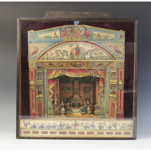 639 - A Victorian table top paper theatre, 19th century, with hand coloured proscenium arch, scenery and c... 