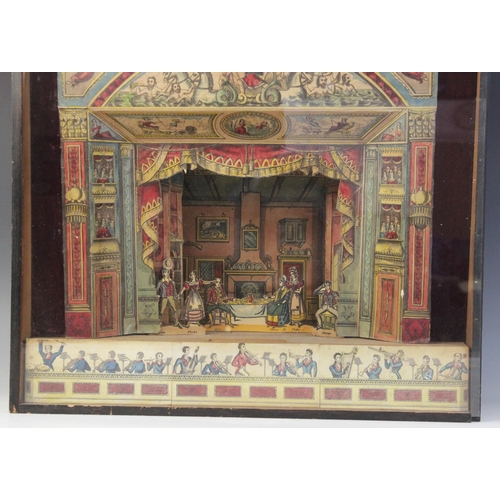 639 - A Victorian table top paper theatre, 19th century, with hand coloured proscenium arch, scenery and c... 