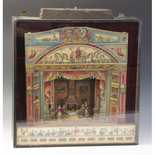 639 - A Victorian table top paper theatre, 19th century, with hand coloured proscenium arch, scenery and c... 