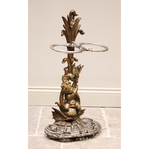 645 - A Victorian painted cast iron stick stand, the upright cast as a cherub within bullrushes extending ... 