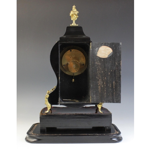 684 - A late 19th century French boule work and ebonised mantel timepiece, of waisted form with applied bo... 