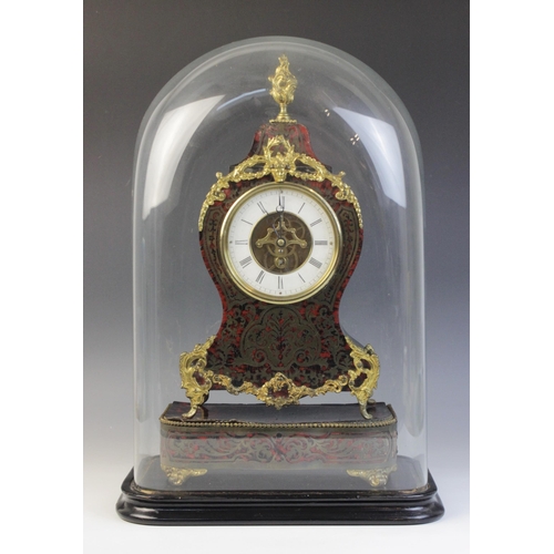 684 - A late 19th century French boule work and ebonised mantel timepiece, of waisted form with applied bo... 