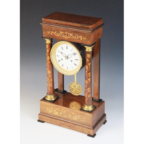 692 - A late 19th century Austrian rosewood and marquetry portico clock, the suspended 10cm white enamelle... 