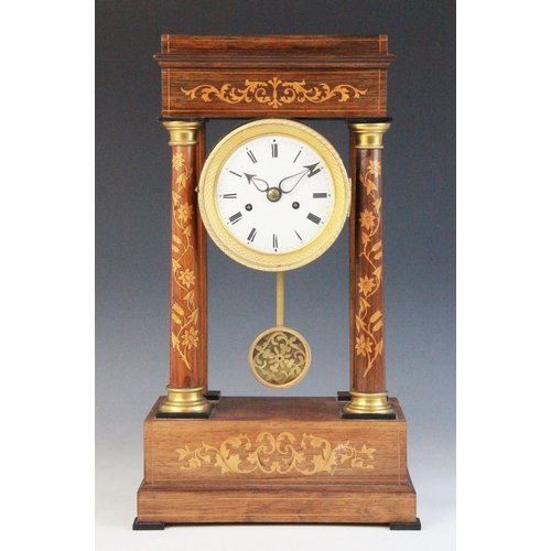 692 - A late 19th century Austrian rosewood and marquetry portico clock, the suspended 10cm white enamelle... 