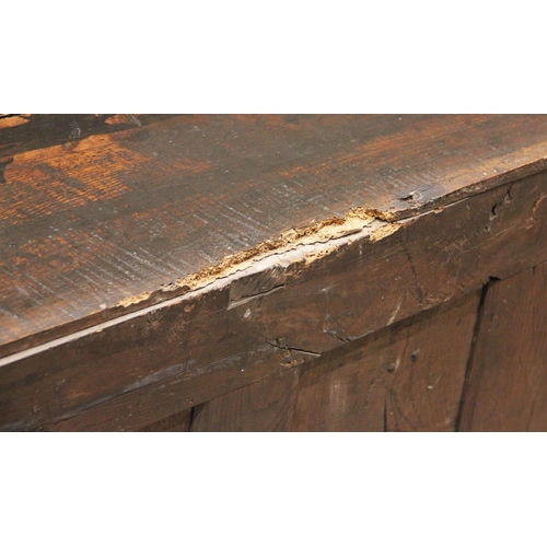 709 - An 18th century oak dresser base, the moulded plank top above three oak lined drawers and a pair of ... 