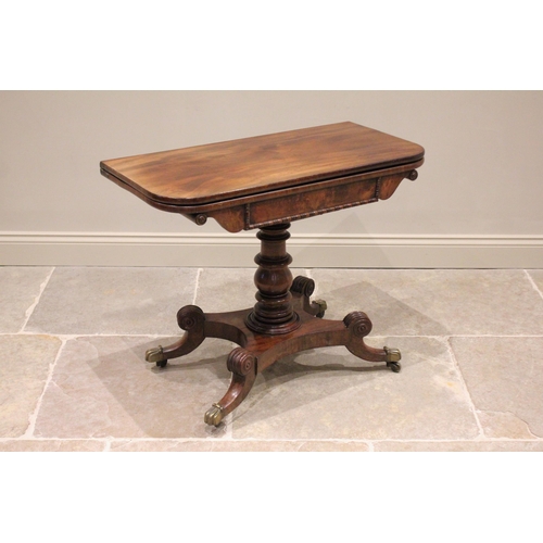 742 - A George IV mahogany pedestal tea table, the rectangular hinged top with rounded front corners above... 