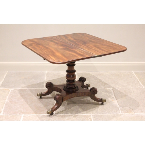 742 - A George IV mahogany pedestal tea table, the rectangular hinged top with rounded front corners above... 