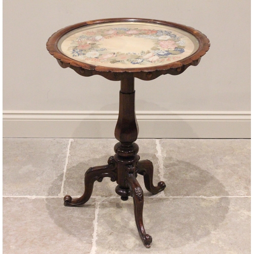 747 - A mid 19th century glazed rosewood pedestal table, the circular top inset with a foliate needlework ... 