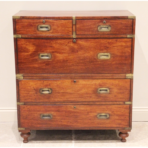 754 - A 19th century mahogany two section campaign chest of drawers, formed from two short over one long d... 