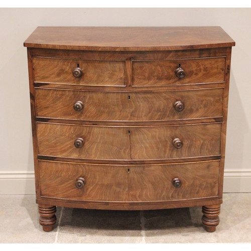 757 - A mid 19th century bow front mahogany chest of drawers, formed from two short over three long gradua... 