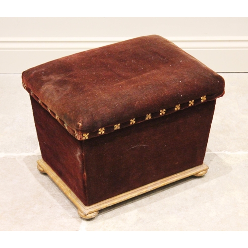 773 - A Victorian velour upholstered giltwood cellarette, of box form with hinged cover enclosing a liner,... 