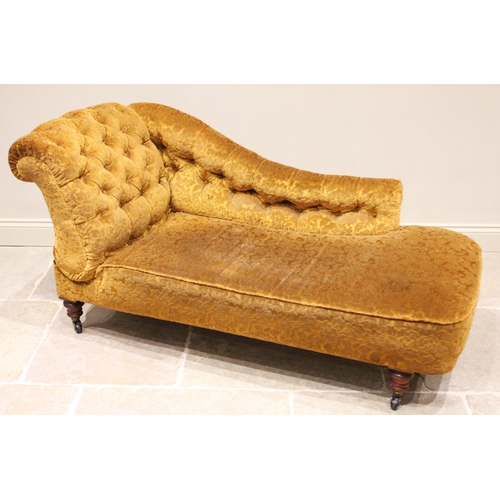 778 - A Victorian chaise lounge/day bed, in foliate damask fabric, the padded and button back scroll end e... 