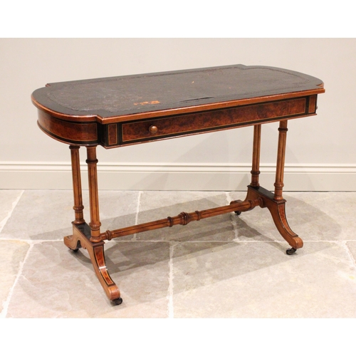 803 - A mid Victorian walnut, ebonised and burr thuya side table, the rounded rectangular top with an inse... 