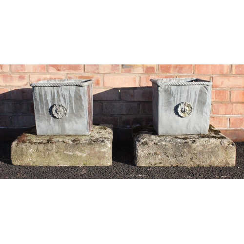 830 - A pair of 19th century lead planters, of cubic form with rope twist detail applied to the rim and a ... 