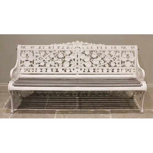 834 - A cast iron bench, stamped 'Coalbrookdale', cast in the form of trailing openwork vinery below a con... 