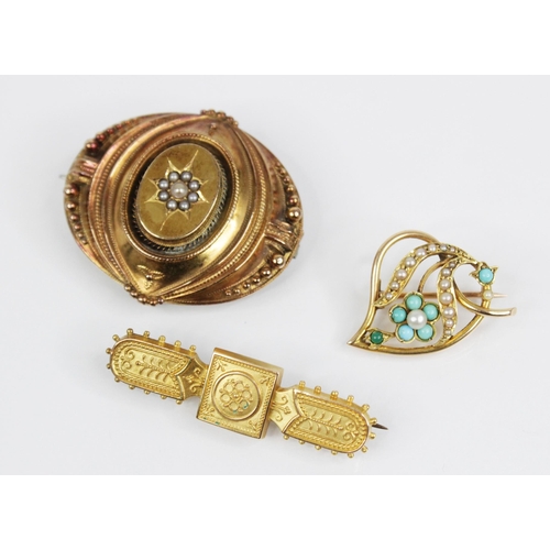 94 - A Victorian pearl and turquoise set brooch, designed as a gold coloured heart with flower and foliat... 