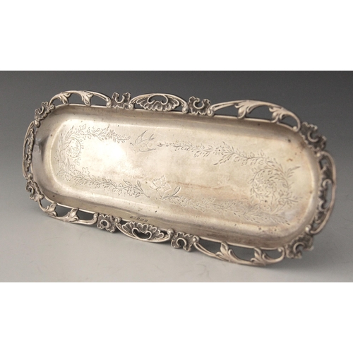 6 - An Edwardian silver pin tray, Levi & Salaman, Birmingham 1906, the lozenge form tray with pierced fo... 