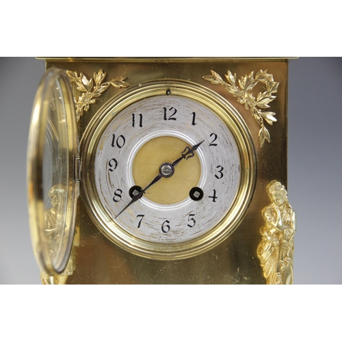 682 - A late 19th century French brass cased mantel clock by Japy Freres, the architectural case applied w... 