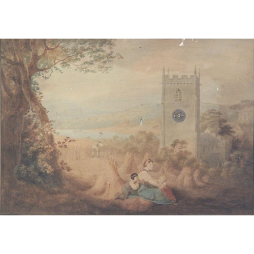 696 - A 19th century picture clock, the watercolour on paper depicting figures in a rural landscape with a... 