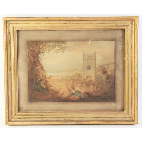 696 - A 19th century picture clock, the watercolour on paper depicting figures in a rural landscape with a... 