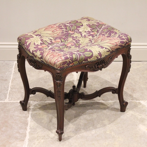 703 - A Louis XV style carved walnut dressing stool, later upholstered in William Morris artichoke fabric,... 