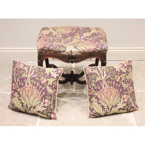 703 - A Louis XV style carved walnut dressing stool, later upholstered in William Morris artichoke fabric,... 