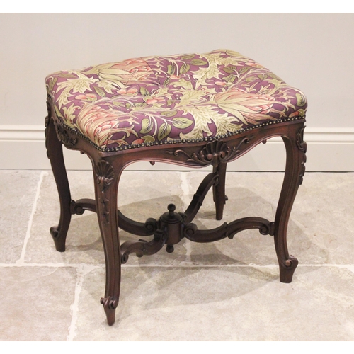 703 - A Louis XV style carved walnut dressing stool, later upholstered in William Morris artichoke fabric,... 