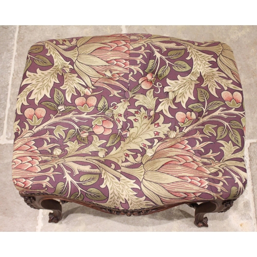 703 - A Louis XV style carved walnut dressing stool, later upholstered in William Morris artichoke fabric,... 