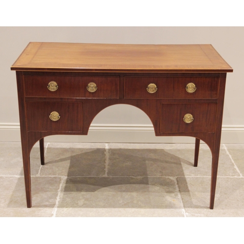 806 - An Edwardian mahogany and rosewood cross banded Sheraton revival side table, the rectangular top abo... 