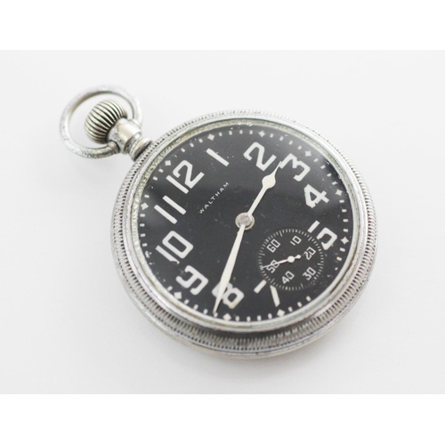 86 - A Waltham military chrome plated pocket watch, black circular dial with Arabic numerals and subsidia... 