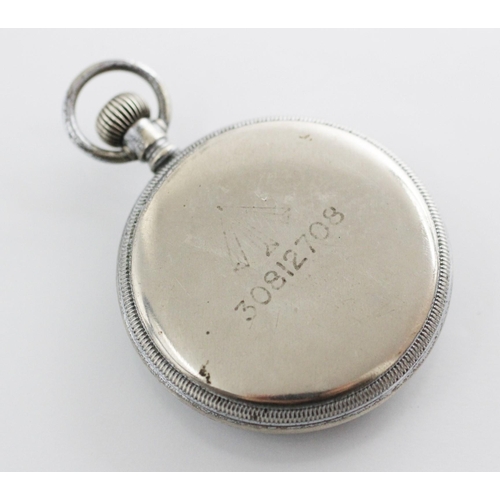 86 - A Waltham military chrome plated pocket watch, black circular dial with Arabic numerals and subsidia... 