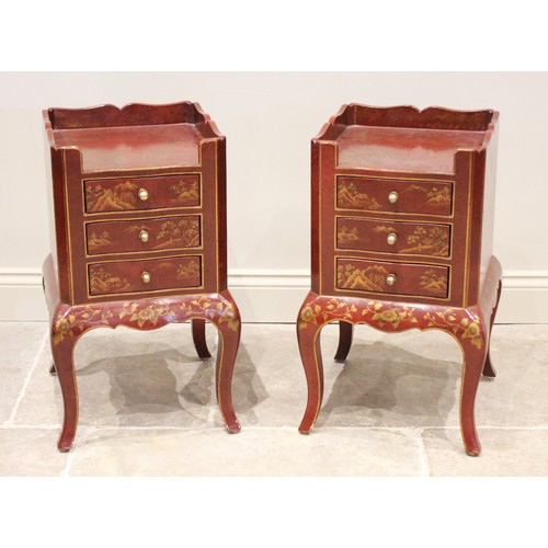 815 - A pair of chinoiserie red lacquer bedside chests, late 20th century, each with a three quarter galle... 