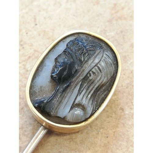 117 - A 19th century carved hardstone cameo set stick pin, the oval shaped cameo carved with the profile o... 