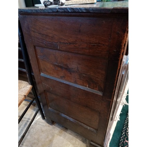 709 - An 18th century oak dresser base, the moulded plank top above three oak lined drawers and a pair of ... 