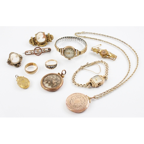 126 - A selection of gold and gold coloured jewellery and accessories, to include a ladies 9ct Accurist wr... 