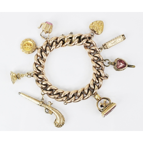 150 - A 9ct gold charm bracelet with assorted charms, the curb-link bracelet with tongue and box snap clas... 