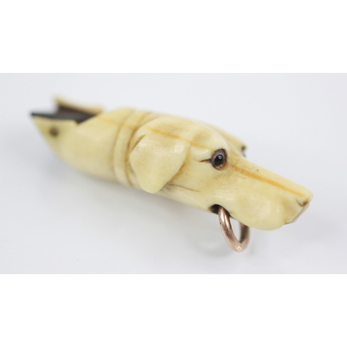 171 - A Victorian carved ivory dog whistle, modelled as a hound with glass eyes and gold coloured ring to ... 