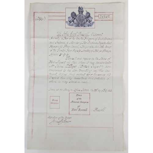 189 - A Victorian hand-written passport copy numbered 70292 and dated 23rd July 1863, signed by Viscount J... 