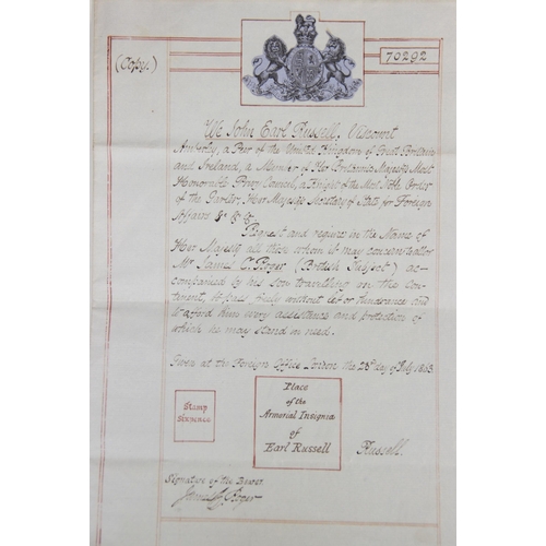 189 - A Victorian hand-written passport copy numbered 70292 and dated 23rd July 1863, signed by Viscount J... 