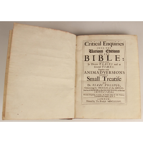 223 - CRITICAL ENQUIRIES INTO THE VARIOUS EDITIONS OF THE BIBLE: PRINTED IN DIVERS PLACES AND AT SEVERAL T... 