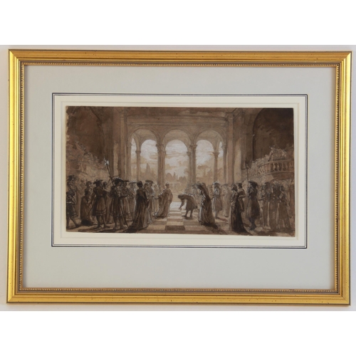 270 - Sir Edward Poynter (1836-1919),
A Tudor court scene,
Monochrome watercolour and pen and ink on paper... 